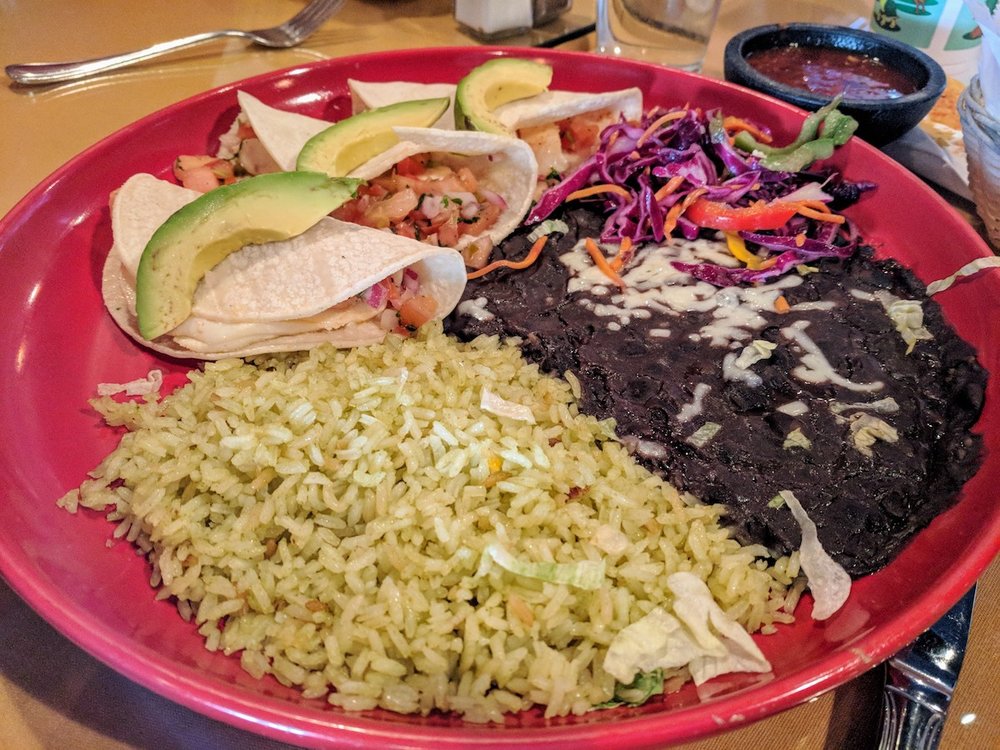  Fish tacos (above), Mole burrito (right) 
