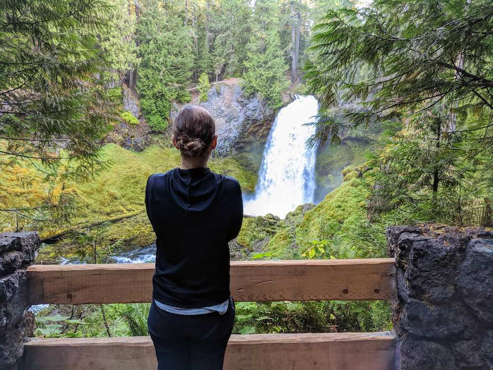 Michelle viewing Sahalie Falls - Central Oregon Waterfalls