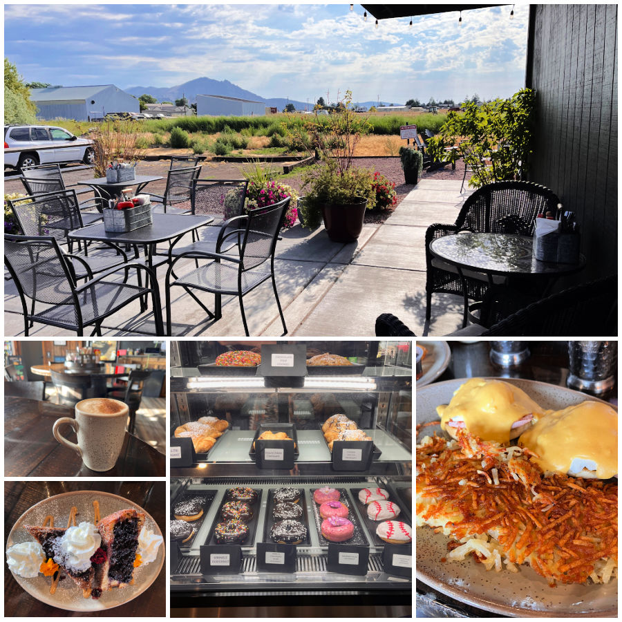 Brand 44 N collage - outdoor seating, chai latte, french toast, pastry display, eggs benedict