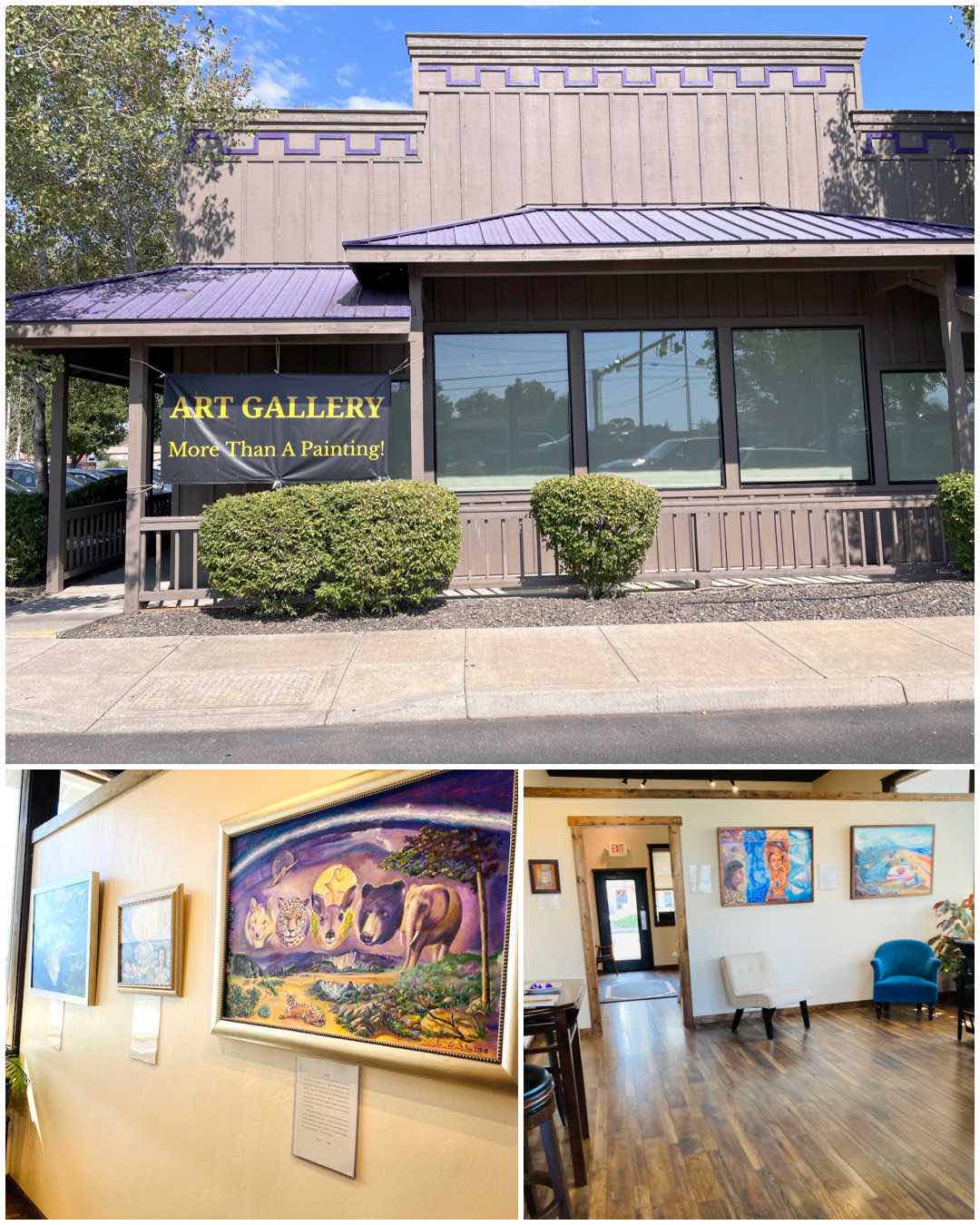 collage of art gallery in Terrebonne exterior and interior, paintings display