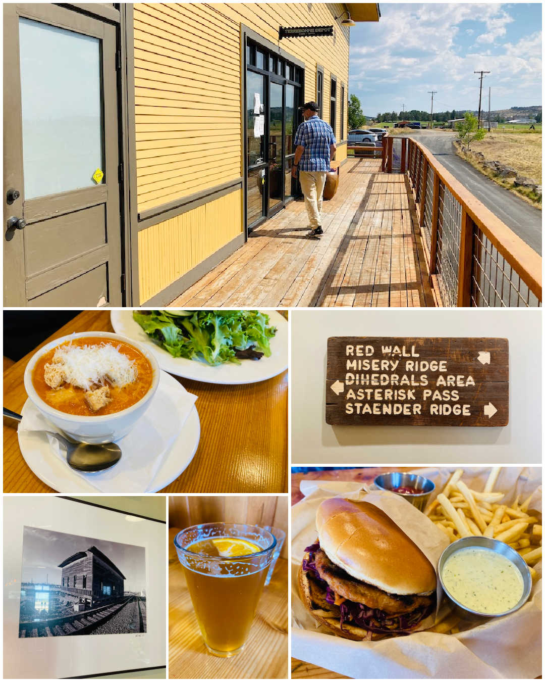 Collage of Terrebonne Depot Restaurant, exterior patio, interior historic decor, beer, hamburger and fries, soup and salad