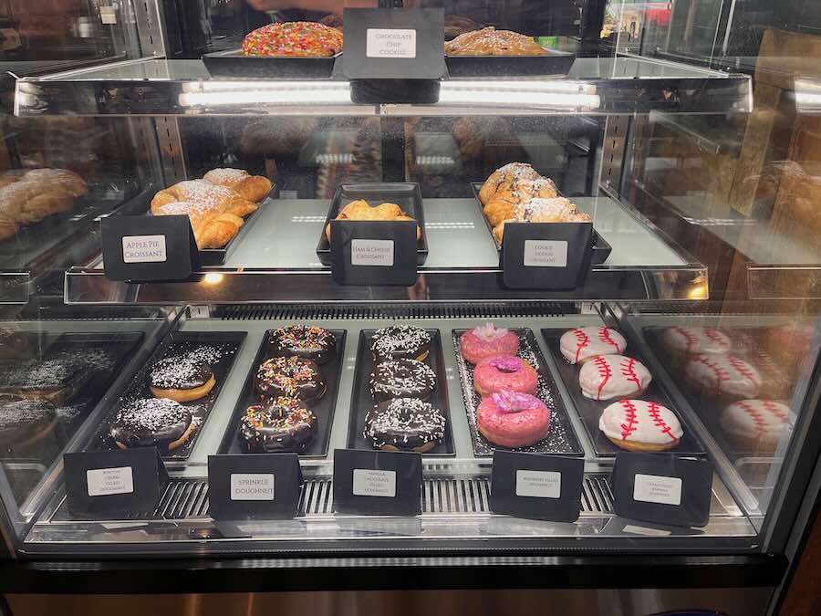 donut, pastry, croissant display case