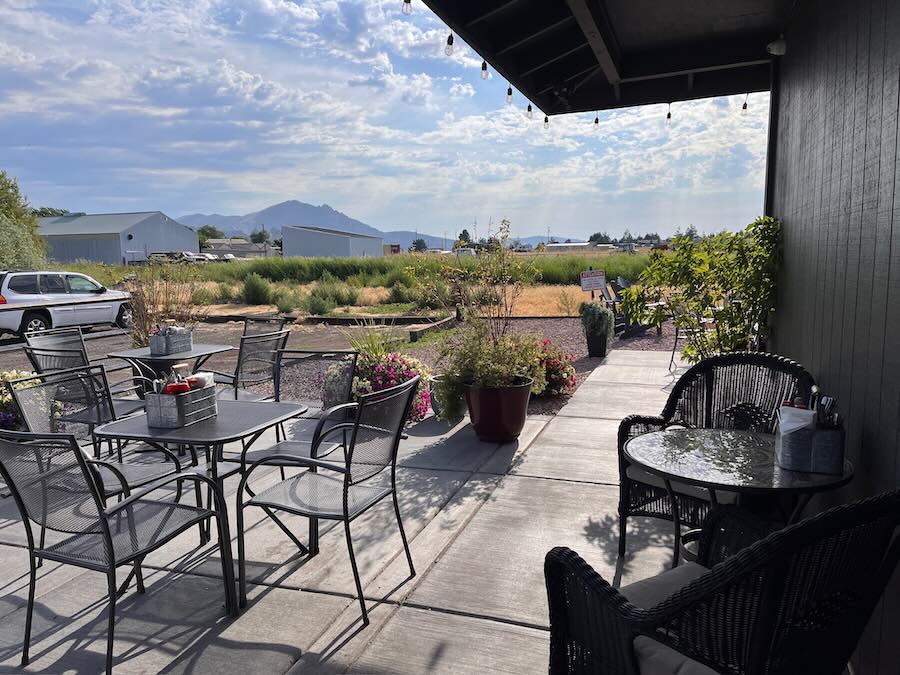 patio seating with smith rock in background